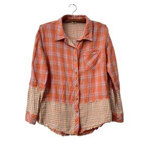 Mystree Womens Orange Contrast Plaid Frayed Edge Gauzy Cotton Button Shirt Sz S